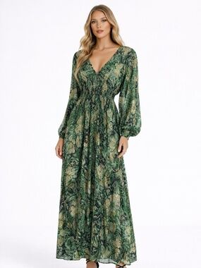 $775 ba&sh Green Silk Blend Midi Dress Size L Smocked Waist Boho Luxury Metallic